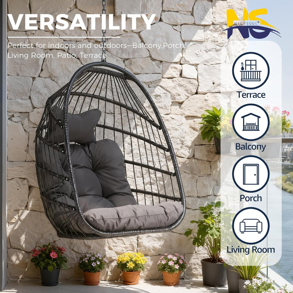 Nicesoul Patio Hanging Egg Chair No Stand, Foldable Ceiling Egg Basket Chairs Without Stand Indoor Outdoor, 350lbs Egg Shell Swing Hammock Chair with Cushion for Backyard, Balcony, Outside, Dark Grey