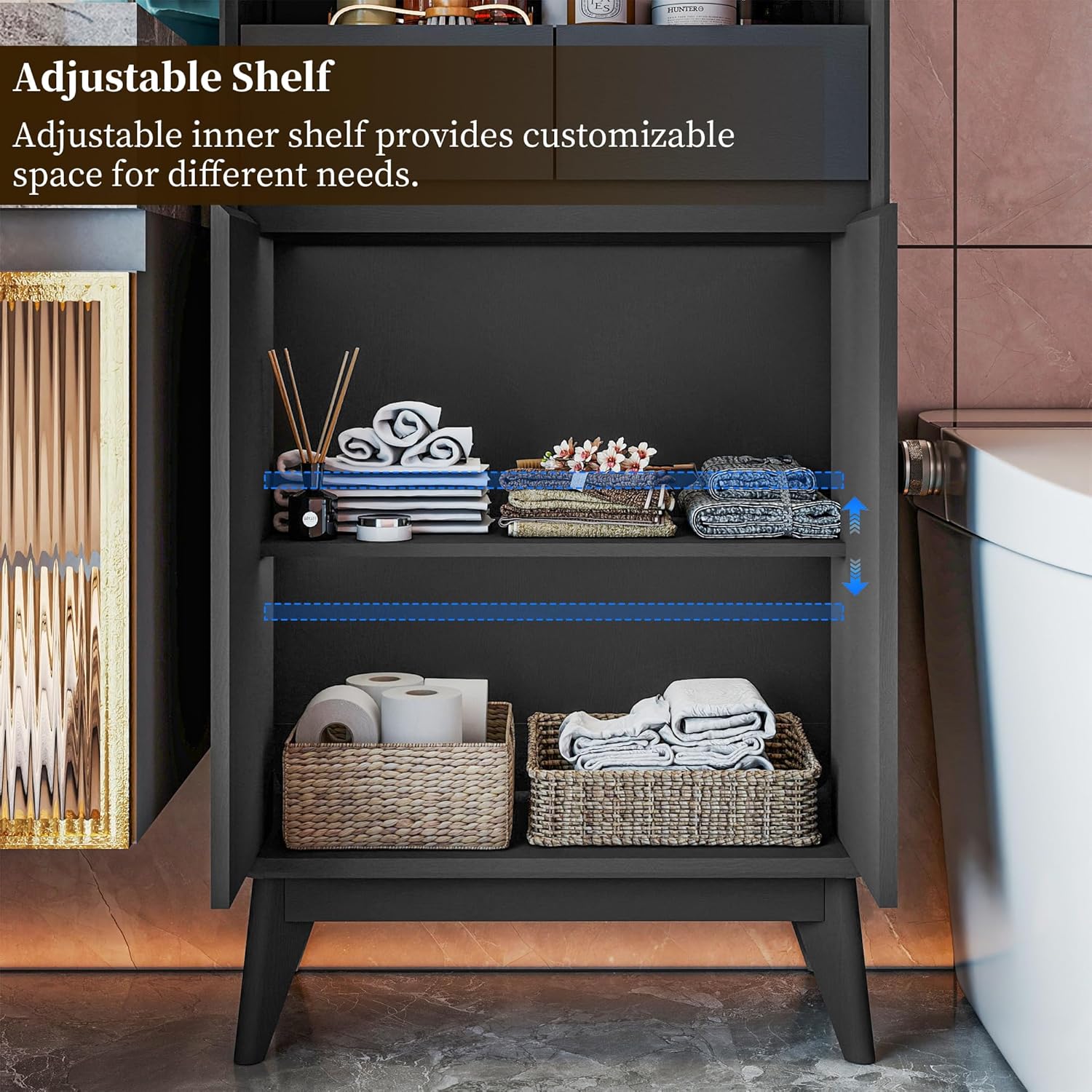 Bathroom Storage Cabinet, Tall Kitchen Storage Cabinet with Drawers and Shelves, Corner Coffee Bar Table Freestanding Sideboard for Living Room, Entryway, Black