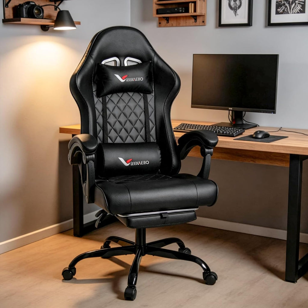 Gaming Chair for Adults, Computer Chair with Footrest and Pocket Spring Cushion,Comfortable Ergonomic Video Game Chair with Lumbar Support and Headrest for Office Home (Black)