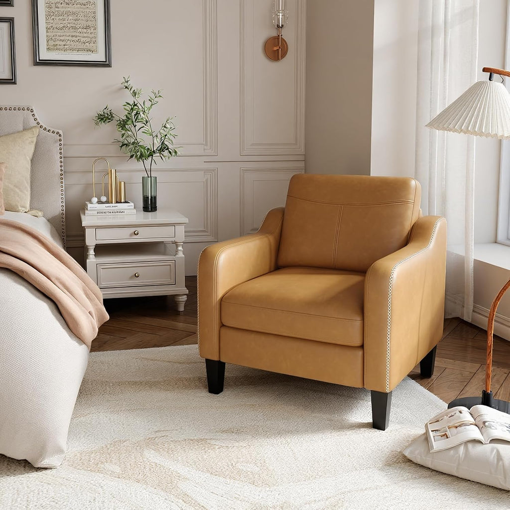 PU Leather Accent Chair Set of 2, Mid-Century Modern Living Room Armchair Sofa with Removable Cushions, Solid Wood Frame & Stitched Armrest Design, Bedroom Chair with Plastic Legs, Brown