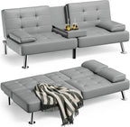 Homall Futon Sofa Bed, Leather Futon Couch with Removable Armrests, Adjustable Recliner Sleeper Sofa Bed with Dual Cup Holders for Living Room, Apartment, Office (Gray)