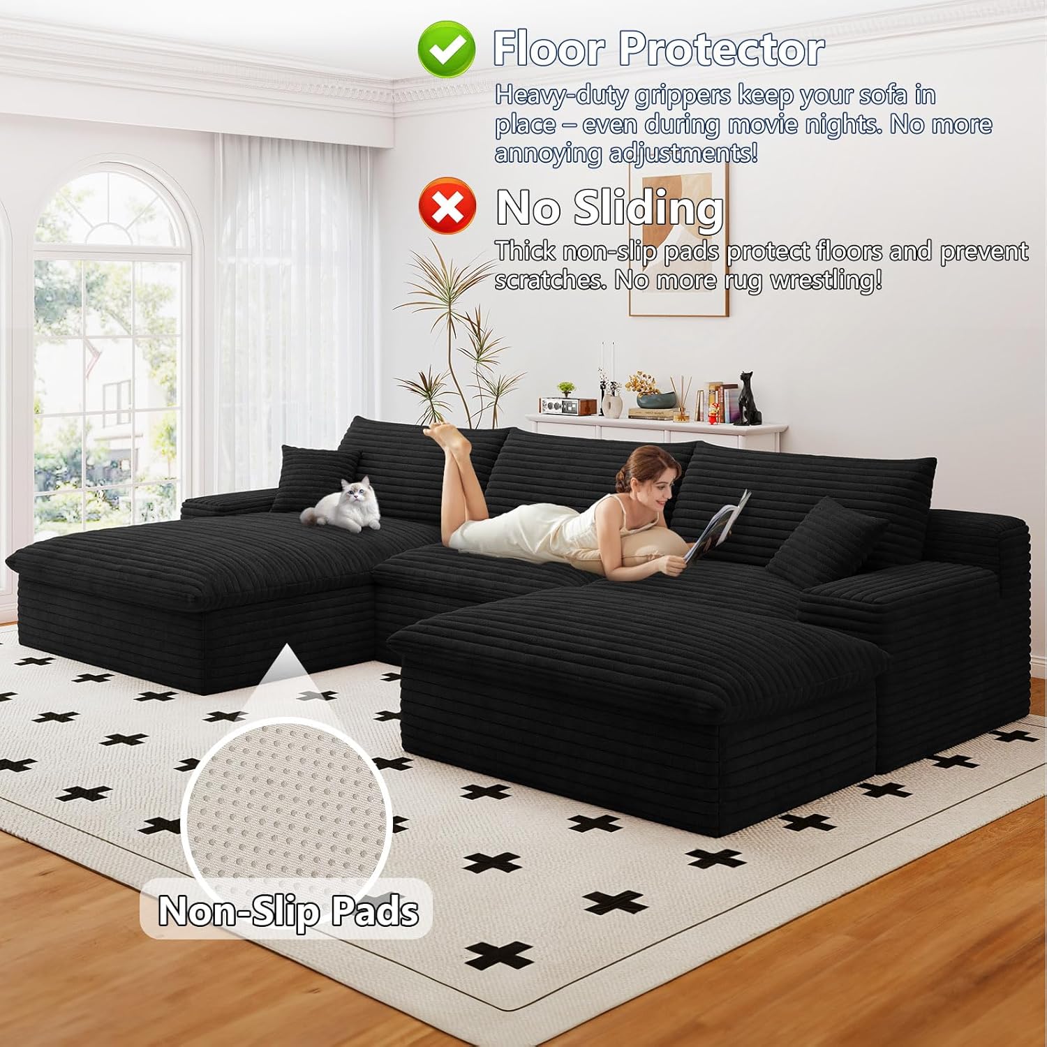 107" Cloud Couch Modular Sectional Sofa for Living Room, U-Shape Boneless Couch with Deep Seat, Modern Corduroy 3-Seater with Ottoman, No Assembly Required (Black,Left-Facing Chaise)