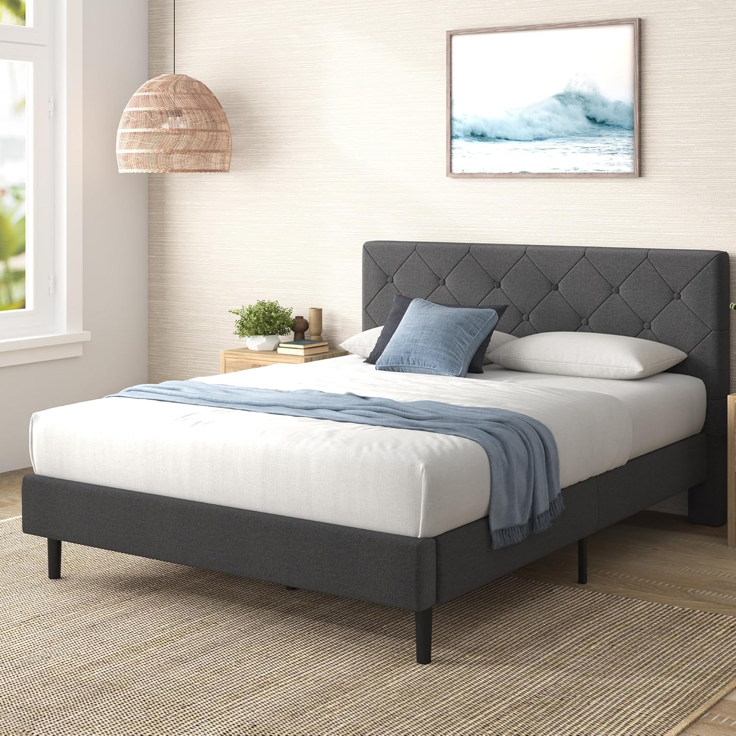 Zinus King Shalini Upholstered Platform Bed Frame with Headboard New WonderBox(TM) Version, Wooden Slat Support, No Box Spring Needed, Easy Assembly, Eco Friendly Packaging, Dark Grey