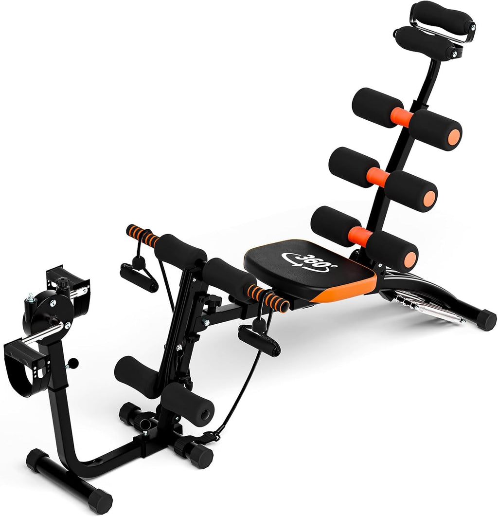 Ab Machine for Home Gym, 6 in 1 Adjustable Ab Workout Bench and Core Trainer, Foldable Sit Up Equipment with Resistant Bands for Total Body Fitness