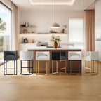Modern Counter Height Bar Stools,Bar Stools Set of 3,Fabric Upholstered Barrel Barstools with Backs,26'' Kitchen Island Chairs,Metal Black Frames,Snowy White Linen