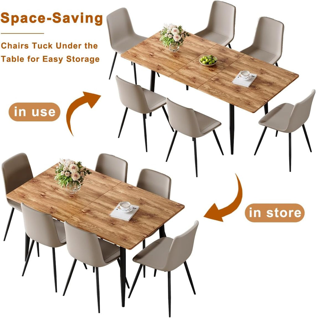 59"-75" Extendable Dining Table Set for 6, Mid Century Dining Room Table Set for 6, Modern Wood Kitchen Table Upholstered Chairs Set of 6, Ideal for Dining Room,Office, Space-Saving, Easy to Assemble