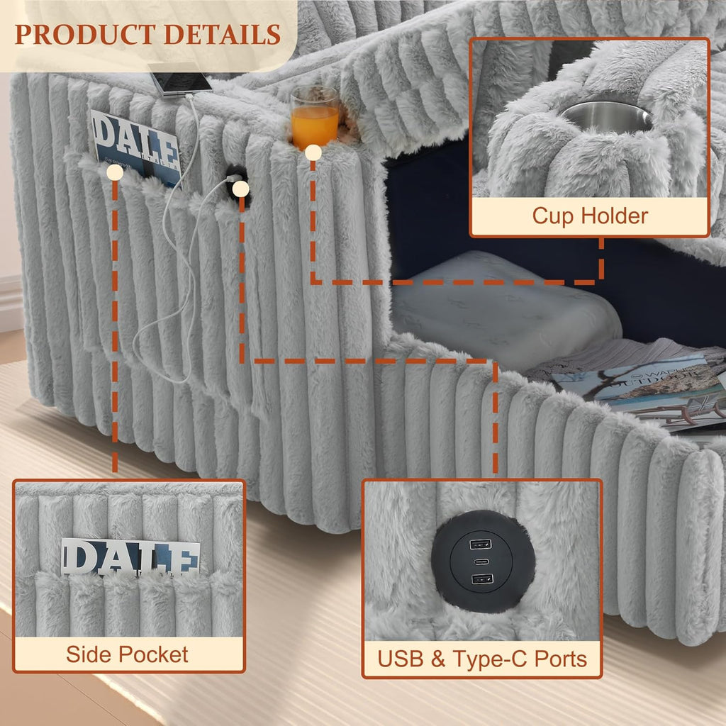 124" Sectional Sleeper Sofa with Pull Out Bed, Comfy Fluffy Plush Corduroy Cloud Sectional Couches for Living Room, U Shaped Modular Couch with Storage Chaise, Cup Holder & USB Charger, Grey