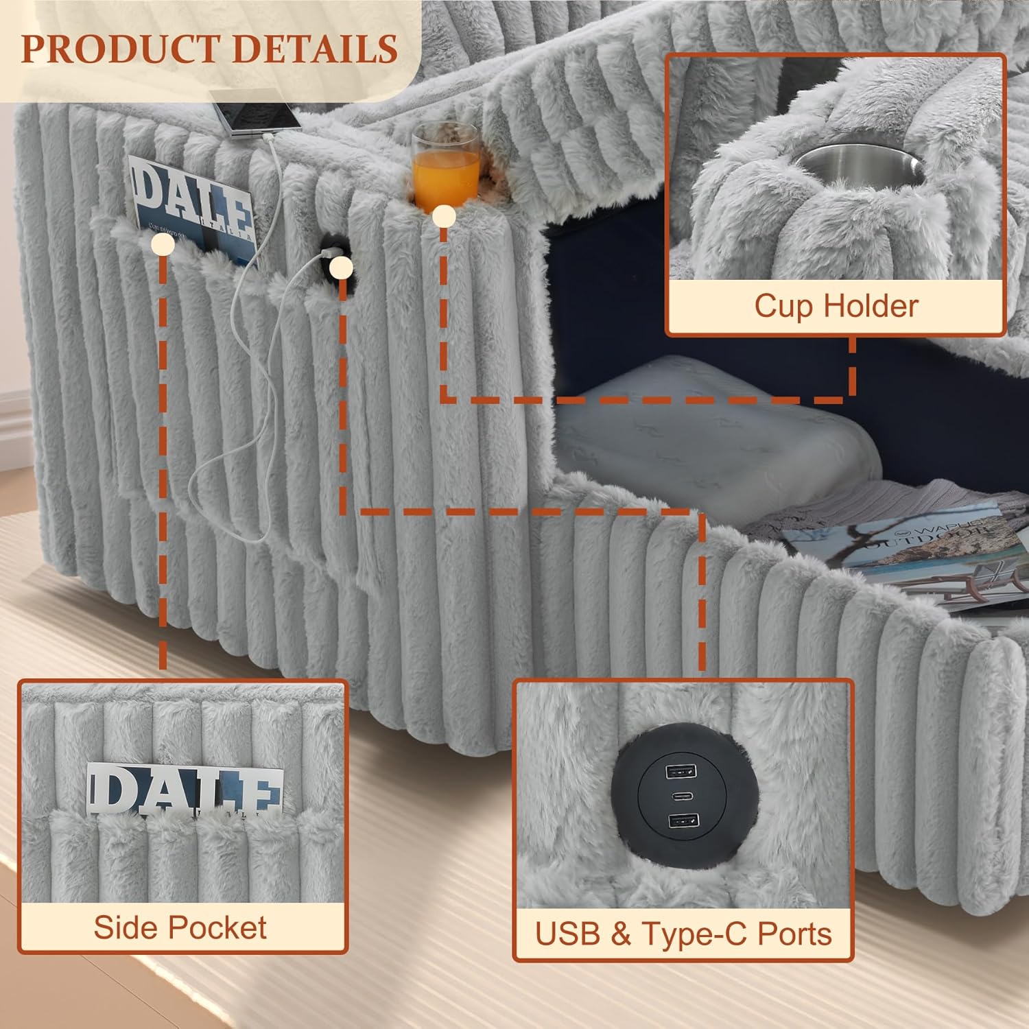 124" Sectional Sleeper Sofa with Pull Out Bed, Comfy Fluffy Plush Corduroy Cloud Sectional Couches for Living Room, U Shaped Modular Couch with Storage Chaise, Cup Holder & USB Charger, Grey