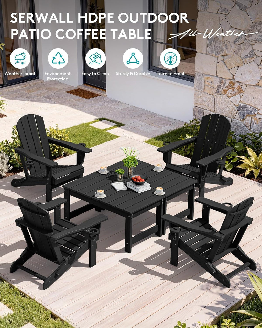 SERWALL Outdoor Coffee Table, HDPE Patio Coffee Table for Outside, Rectangle, Black