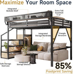 Full Size Loft Bed with Stairs and Storage, Metal Loft Bed Frame with Bedside Shelf and Large Under-Bed Space, Heavy-Duty Bed for Adults Teens and Kids, Convertible Staircase, Black