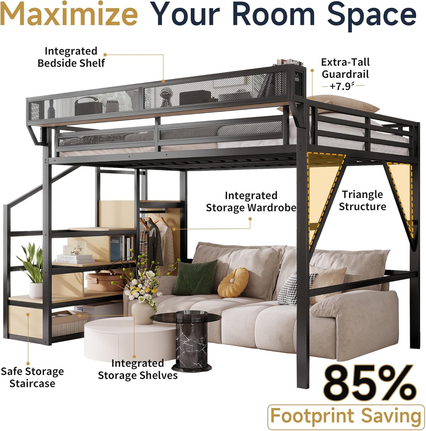 Full Size Loft Bed with Stairs and Storage, Metal Loft Bed Frame with Bedside Shelf and Large Under-Bed Space, Heavy-Duty Bed for Adults Teens and Kids, Convertible Staircase, Black
