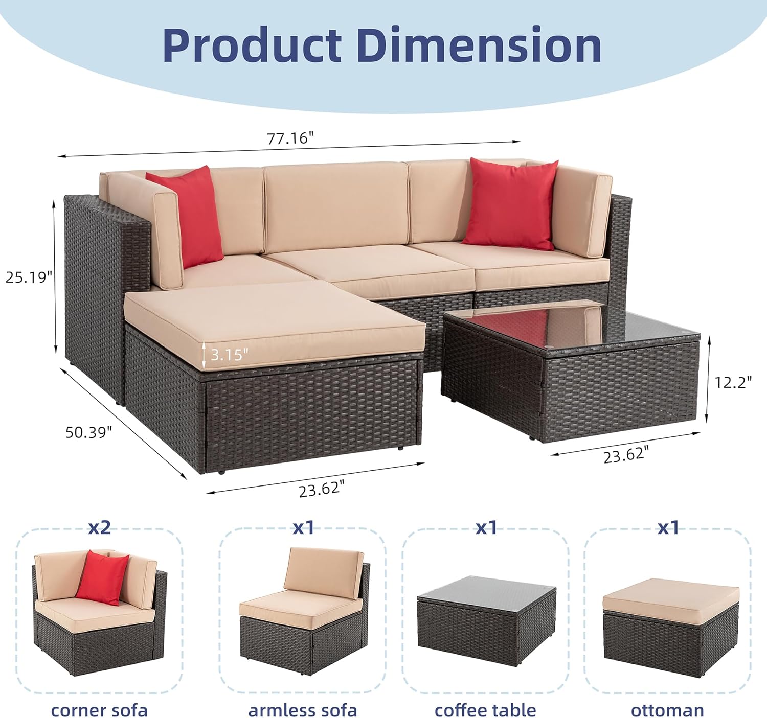 Vongrasig 5 Piece Patio Furniture Sets  Outdoor Patio Set Sectional Sofa  All-Weather PE Rattan Outdoor Couch with Ottoman  Glass Table for Garden  Backyard  Porch  Beige