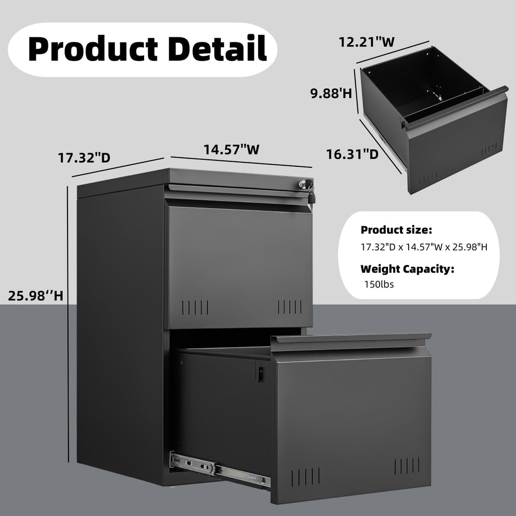 Approgreent 2 Drawer File Cabinets for Home Office, Vertical File Cabinet with Lock, Office Cabinet for A4/Letter/Legal Size, Under Desk Filing Cabinet, Assembly Required(Black)