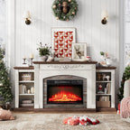 72" Electric Fireplace TV Stand for TVs Up to 85", Farmhouse Entertainment Center with Realistic Stacked Stone Surround, Freestanding Heater, Wooden Carved Mantel for Living Room, White