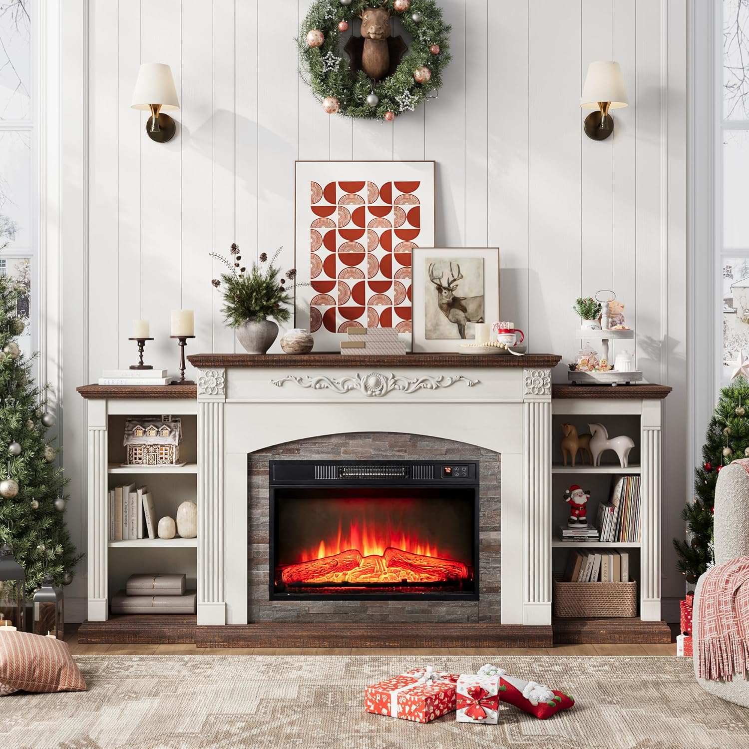 72" Electric Fireplace TV Stand for TVs Up to 85", Farmhouse Entertainment Center with Realistic Stacked Stone Surround, Freestanding Heater, Wooden Carved Mantel for Living Room, White