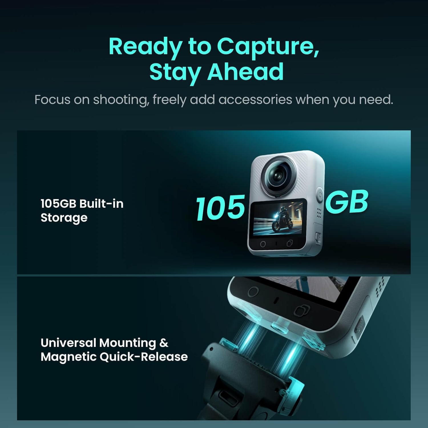 Xtra 360 Camera  8K Panoramic Video  1-Inch Sensor Equivalent  100MP High Resolution  Waterproof Action Camera  105GB Built-in Storage  Bullet Time  Broad Compatibility  Vlog