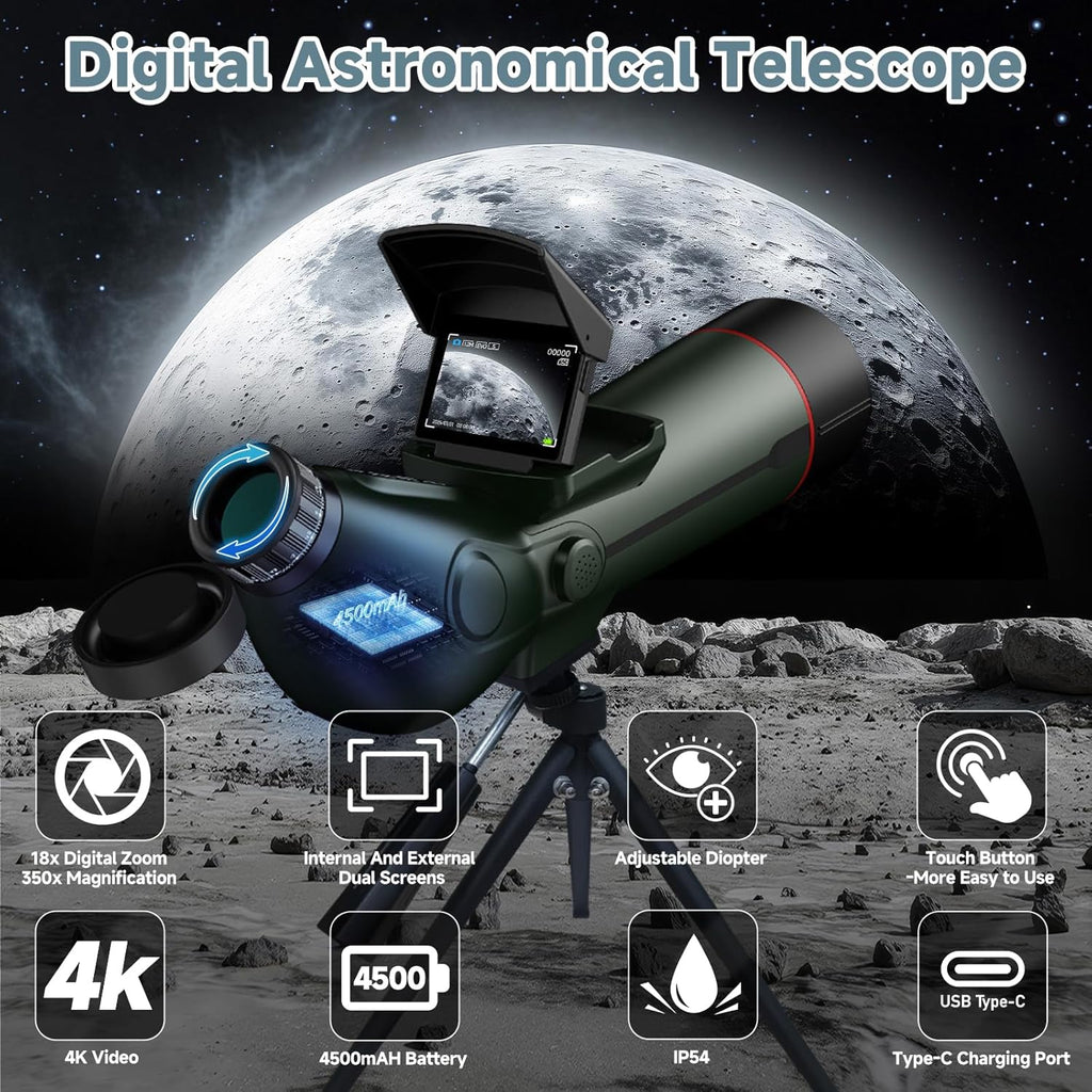 Smart Telescope  Professional Refractor Auto-focus Portable Digital Electronic Telescopes with 4K Astrophotography Camera  Internal And Externat Dual Screens Spotter for Adults and Beginners Astronomy