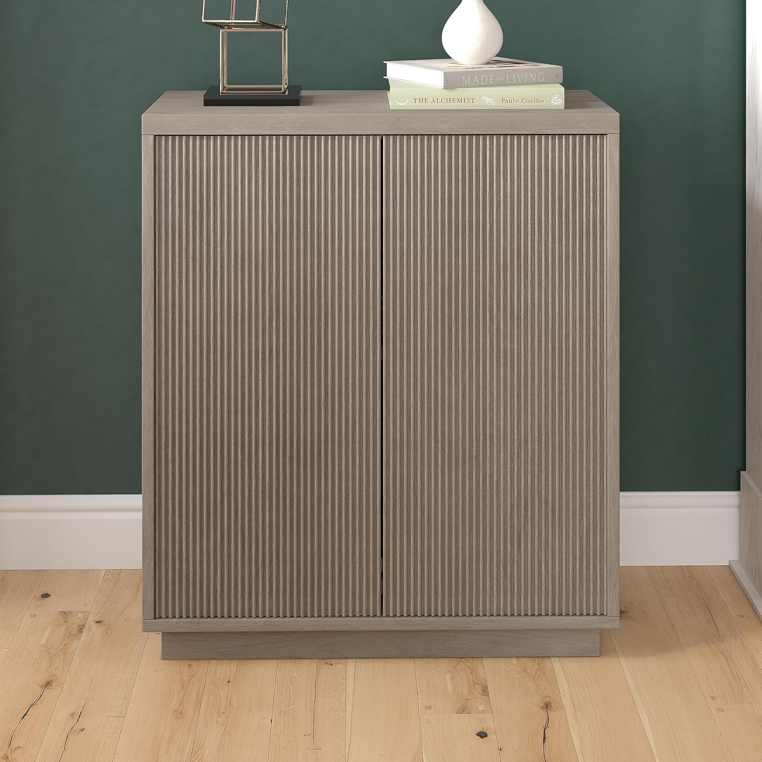 Henn&Hart 28" Fluted Wooden Accent Cabinet, Ribbed Modern Sideboard Buffet Cabinet with 2 Doors and an Adjustable Shelf for Living Room, Dining Room, Bedroom or Entryway, Weathered Gray