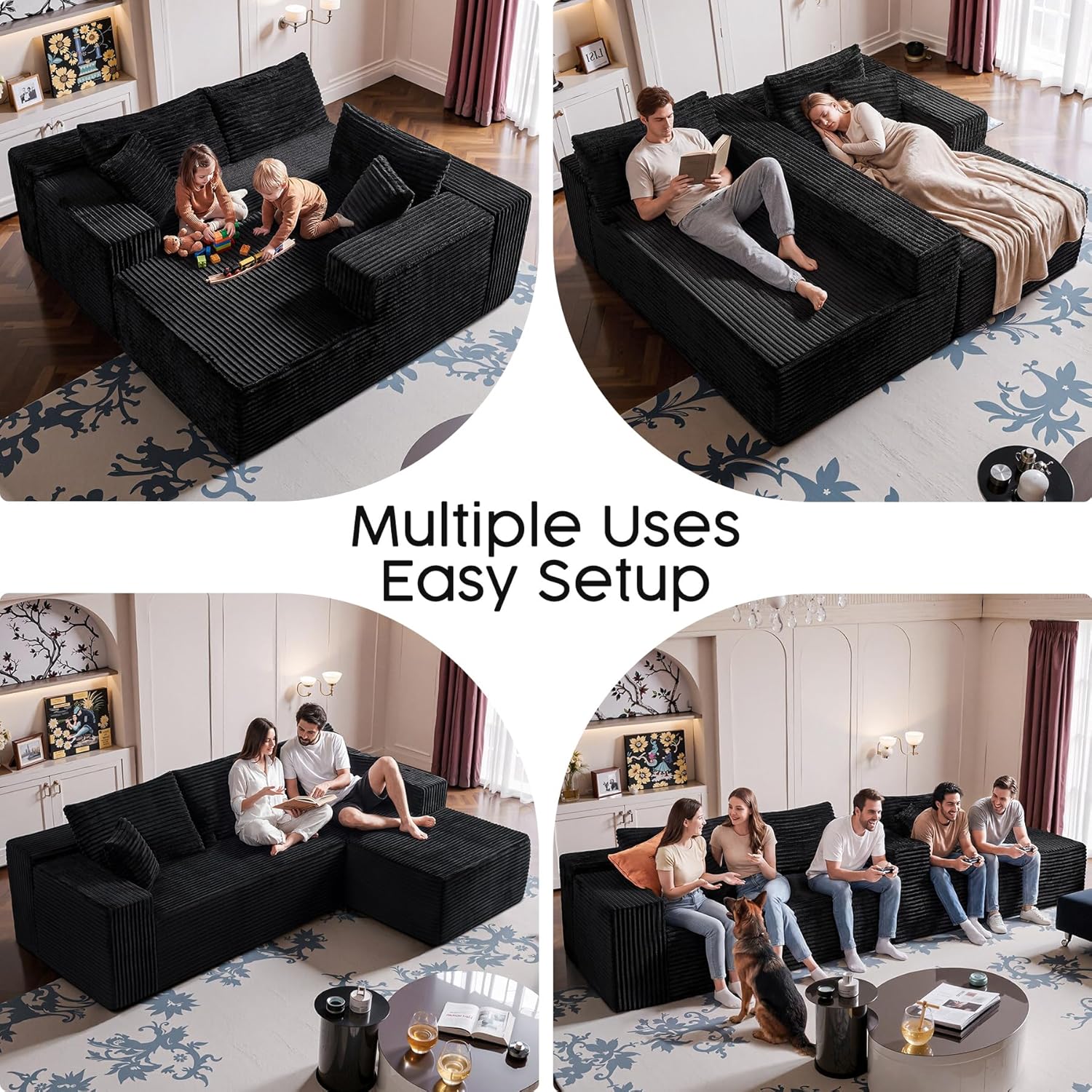Black Sectional Couch for Living Room - 108" Modular Cloud Sofa with Chaise, Ultra Soft Corduroy L-Shaped Large Couches, Boneless Deep Seat Sectional Couch, No Assembly Required (Left Facing Chaise)