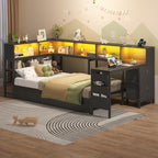 Hasuit Twin Corner Bed with Desk and Storage Bookcase, Daybed with 2 Drawers & 2 Storage Bins, Twin Size Platform Bed Frame with Charging Station and LED Light, Modern Teenagers Bedframe, Black