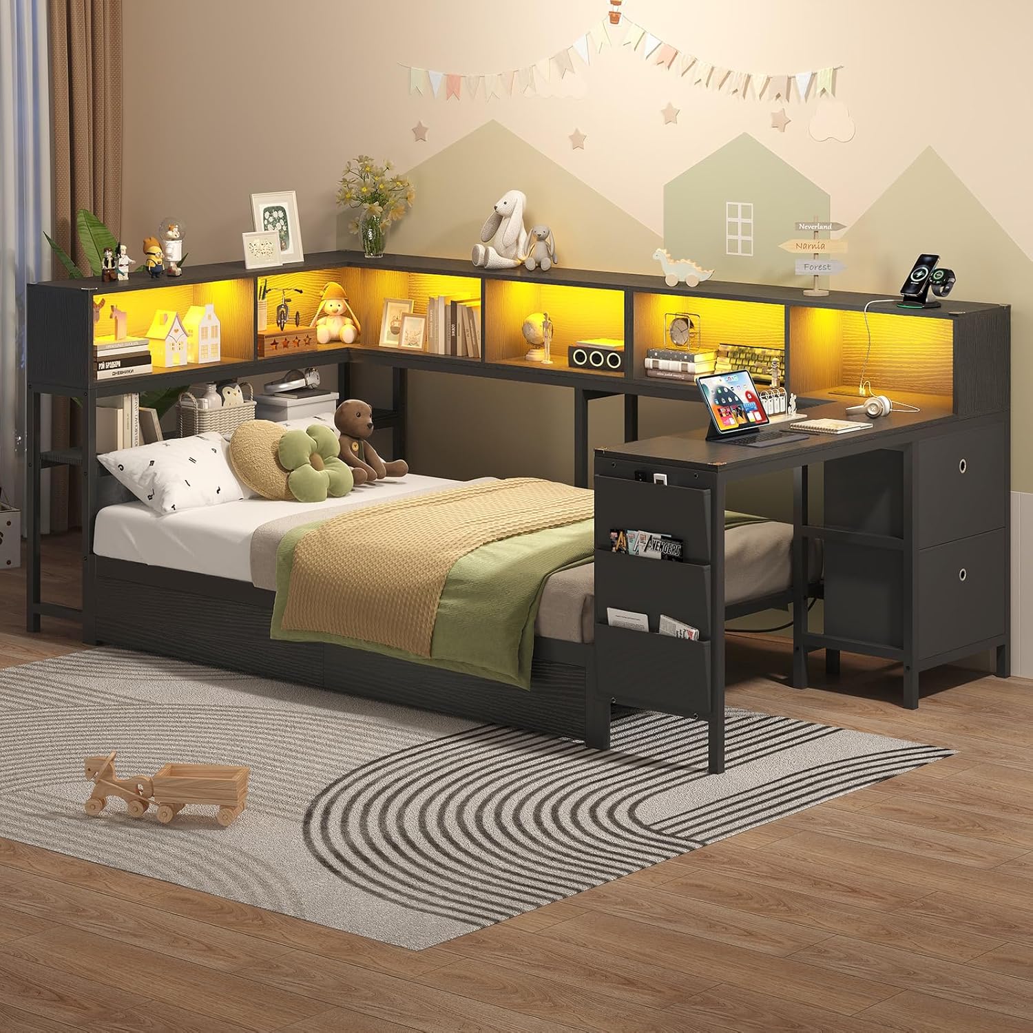 Hasuit Twin Corner Bed with Desk and Storage Bookcase, Daybed with 2 Drawers & 2 Storage Bins, Twin Size Platform Bed Frame with Charging Station and LED Light, Modern Teenagers Bedframe, Black