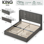 LARMACE King Size Bed Frame with Storage Drawers and Wingback Headboard, Linen Upholstered Platform Bed Frame with Wooden Slats, Easy Assembly, Light Grey