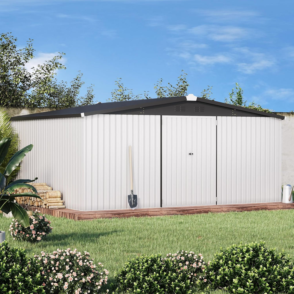 AECOJOY 12' x 14' Outdoor Storage Shed  Large 14x12 Metal Sheds & Outdoor Storage Clearance Steel Yard Shed with Lockable Doors  Utility Tool Storage Garden Shed for Backyard  Patio and Outside use