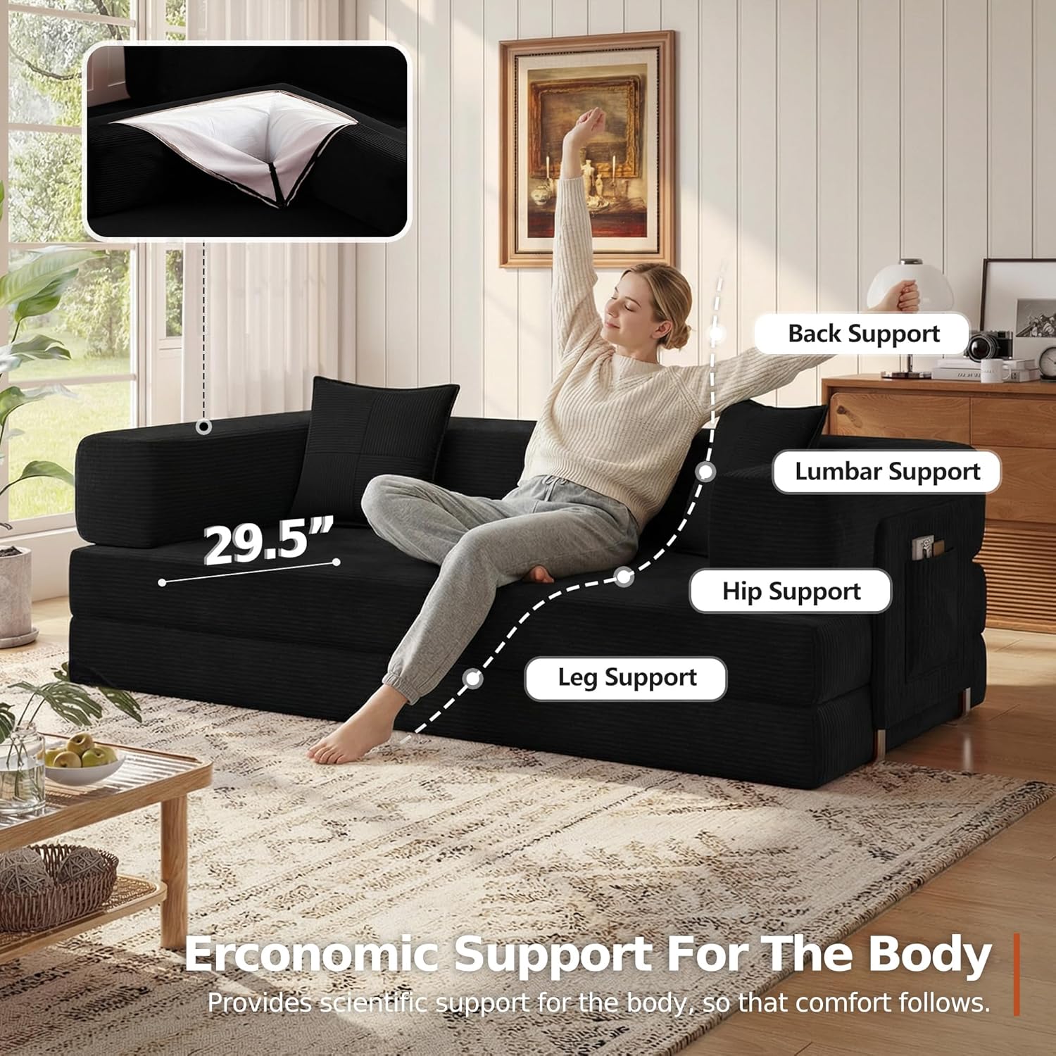 MoonSpeak 78.8''Sleeper Couch Bed for Livingroom .Convertible Modular Sofa with Armrest Pillow .Modular Fldable Corduroy Couches in a Box,No Assembly (Black)