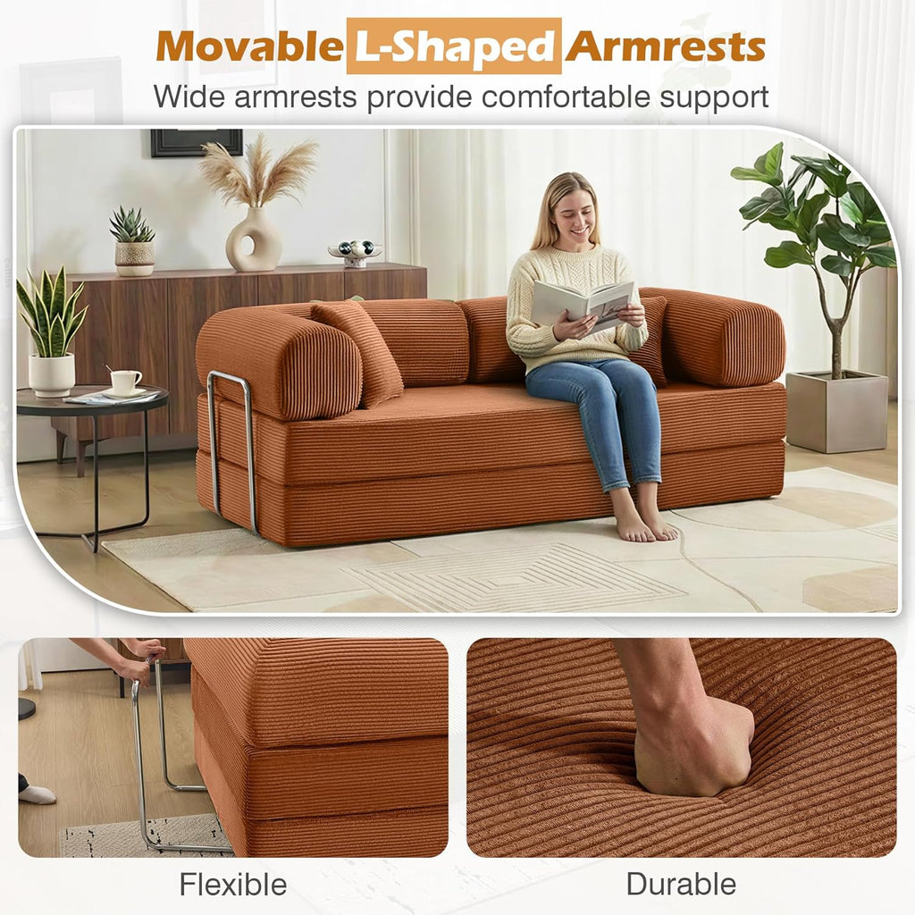 Sofa Bed, 79" Convertible Sleeper Sofa with Pull Out Bed, 5-in-1 Folding Corduroy Futon Couch, Modular Loveseat Sofa Bed for Living Room, Bedroom & Apartment, Brown