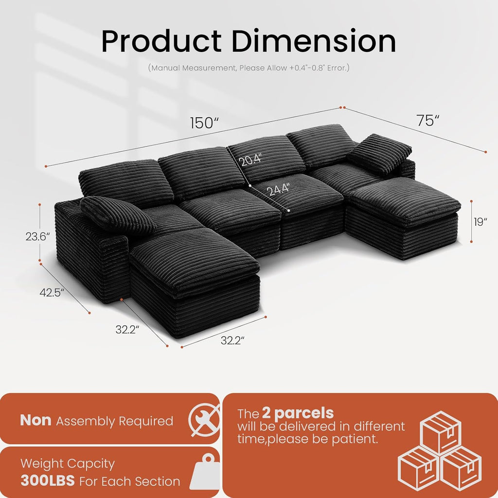 KKL 150" U Shaped Sectional Modular Boneless Sofa, 6 Seater Cloud Couch with Ottoman, Corduroy Sectional Couches for Living Room Bedroom, Black