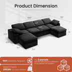 KKL 150" U Shaped Sectional Modular Boneless Sofa, 6 Seater Cloud Couch with Ottoman, Corduroy Sectional Couches for Living Room Bedroom, Black
