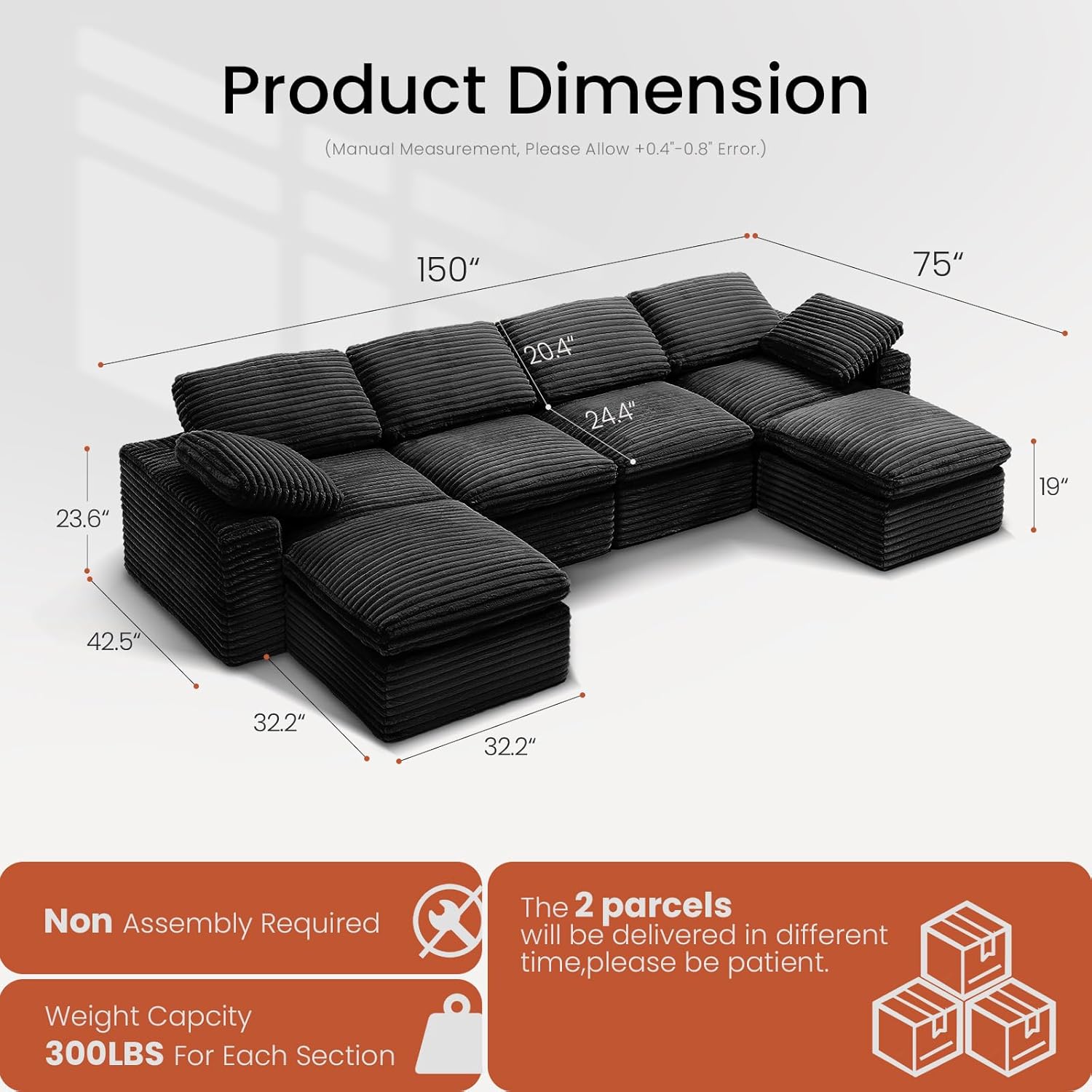 KKL 150" U Shaped Sectional Modular Boneless Sofa, 6 Seater Cloud Couch with Ottoman, Corduroy Sectional Couches for Living Room Bedroom, Black