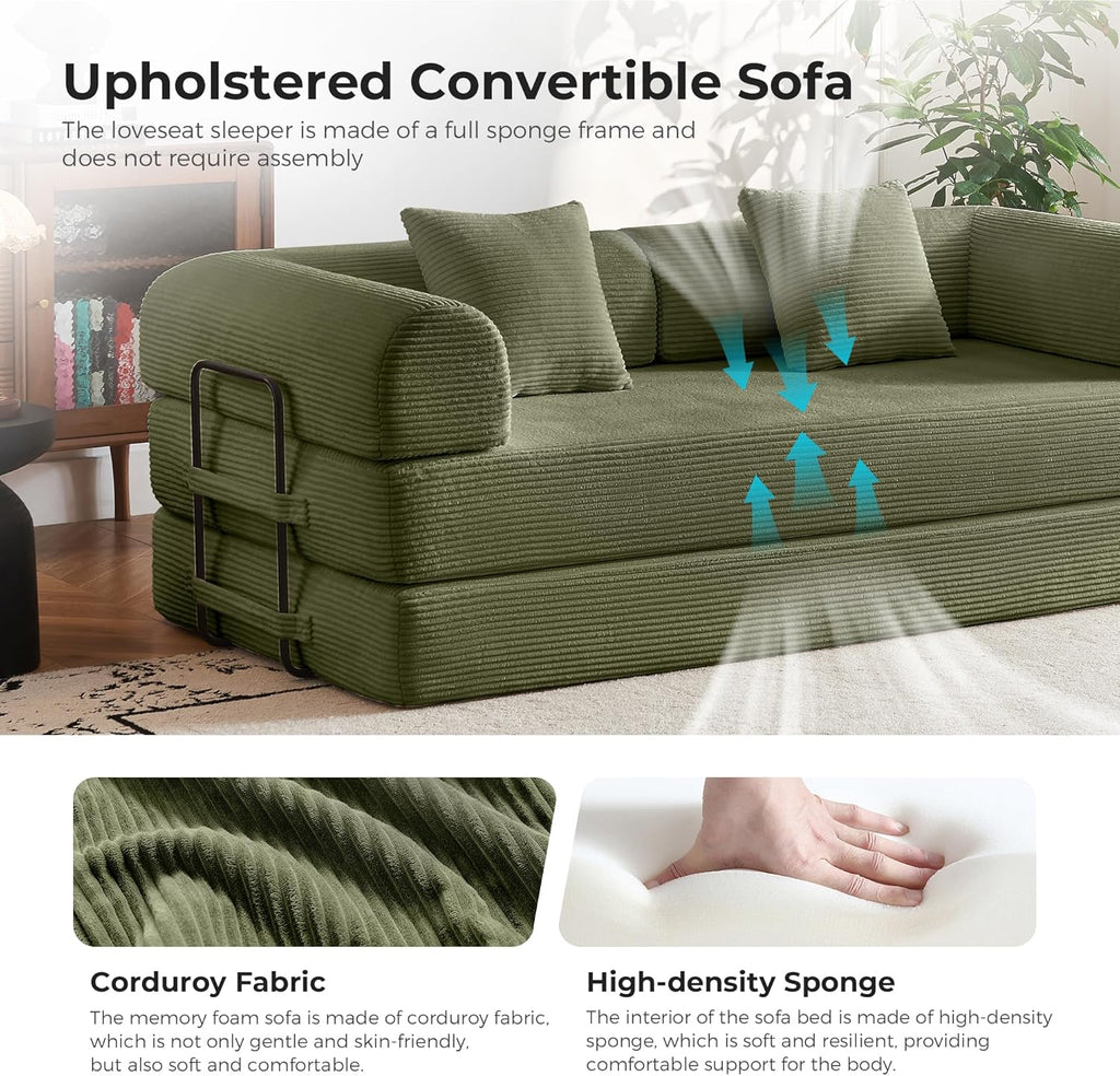 79'' Convertible Sofa Bed, 5-in-1 Folding Corduroy Sleeper Couch with Pull Out Bed, Oversized Modular Floor Sofa, No Assembly, Space-Saving Guest Bed for Apartment Living Room Bedroom (Light Green) | Convertible Sofa Bed