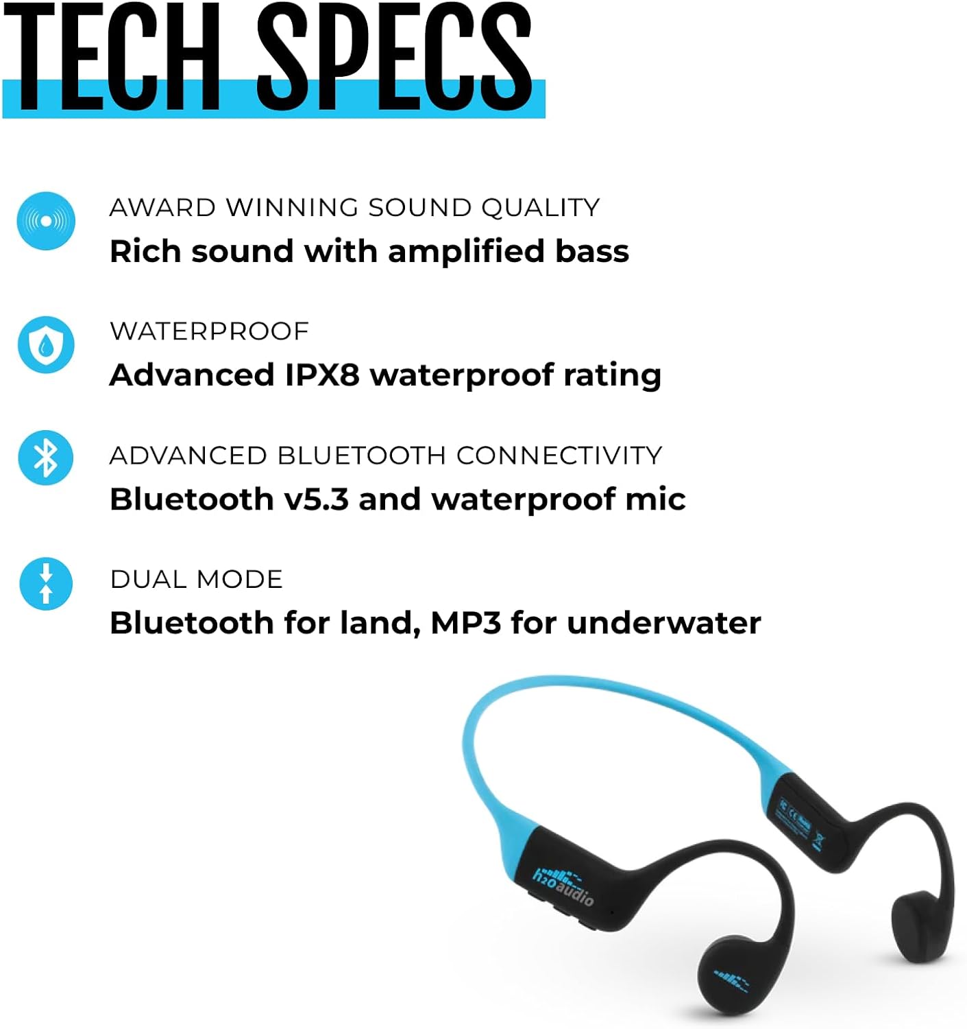 H2O Audio TRI 2 Multisport Waterproof Bone Conduction Open Ear Headphones  Bluetooth 5.3 for Running and Cycling  MP3 Mode for Swimming  8GB Memory  8.5-Hour Battery  Black/Blue