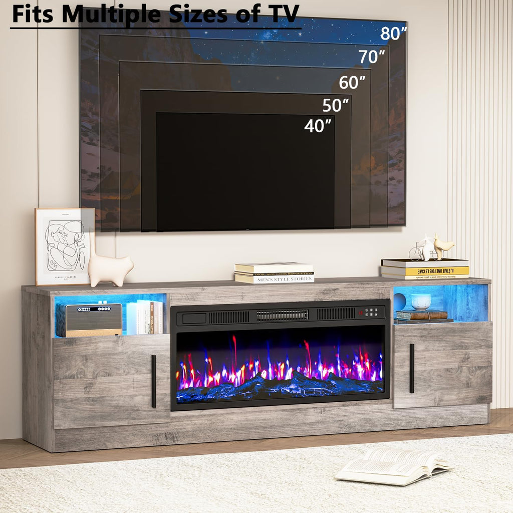 Fireplace TV Stand with 36" Fireplace Up to 80" TVs, 70" Entertainment Center with LED Lights, Remote Control, TV Media Console with Storage Cabinets for Living Room, Gray