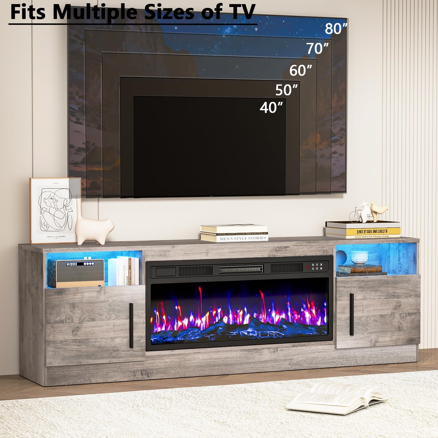 Fireplace TV Stand with 36" Fireplace Up to 80" TVs, 70" Entertainment Center with LED Lights, Remote Control, TV Media Console with Storage Cabinets for Living Room, Gray