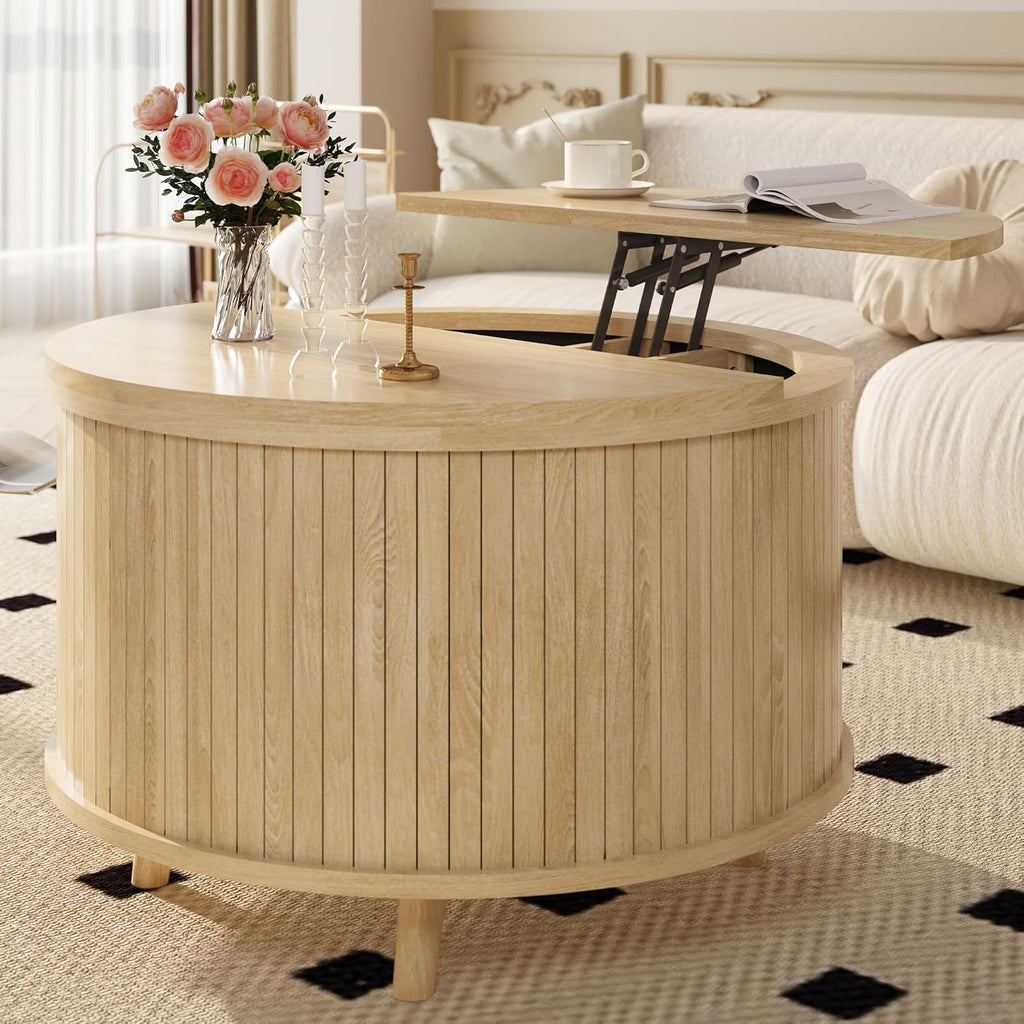 Easyego Lift Top Coffee Table for Small Spaces, 31.5" Mid-Century Modern Wooden Round Table with Storage, Circle Fluted Center Table for Living Room, Work from Home & Apartment, Natural