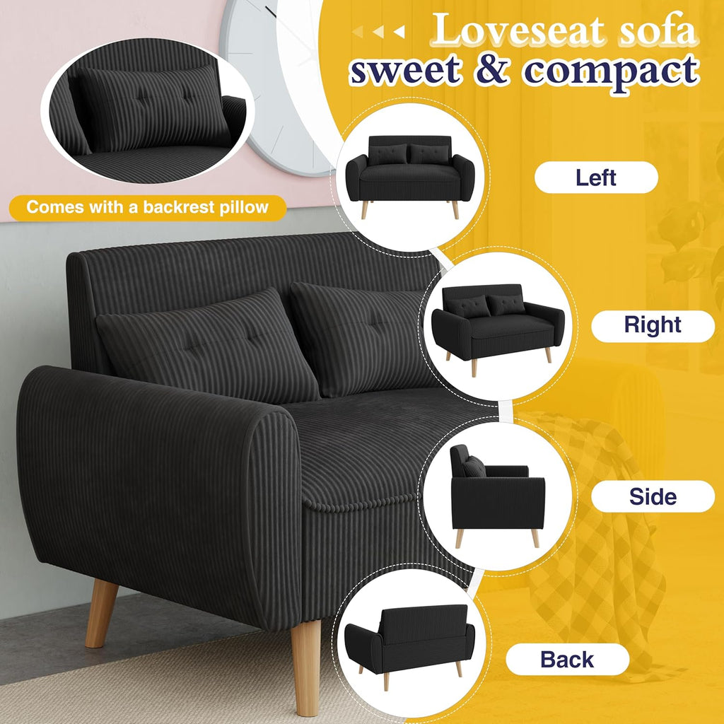 JAMFLY 47'' Small Loveseat Sofa, 2 Seat Compact Couch with Tapered Legs, Black Upholstered Furniture, Solid Wood Frame, Comfy Foam Cushion, Easy Assembly for Small Spaces