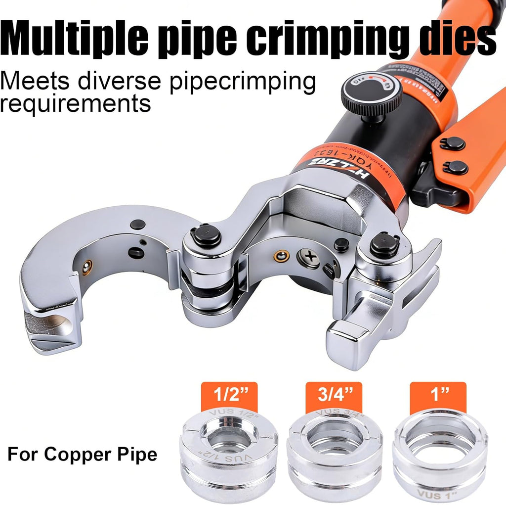 HZLZRZ Pro Press Copper Pipe Crimper Tool Kit with 3 Dies (1/2" 3/4" 1") for Plumbing & Water Heating, Includes Copper Tube Cutter and Burr Tool (YQK/1632D)