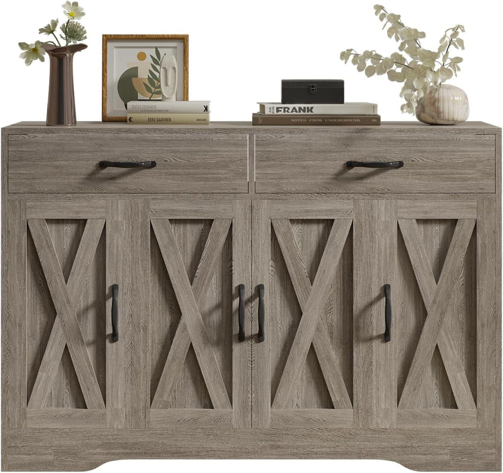 Sideboard Cabinet with Drawers, 47" W Sideboard Buffet Storage Cabinet with Storage for Kitchen, Farmhouse Coffee Bar Cabinets with Shlves and Doors for Hallway, Gray