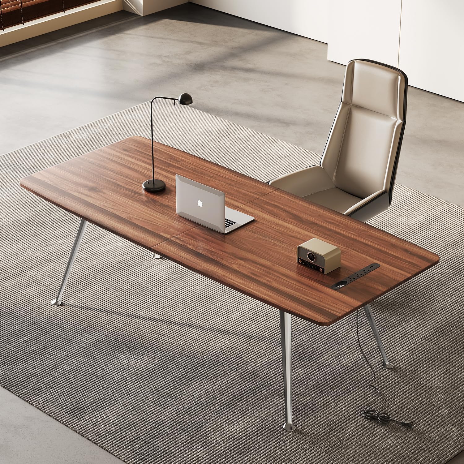 Writing Computer Desk, 60-Inch Large Executive Desk Office Workstation with Chrome-Plated Legs and Built-in Power Outlet, Writing Table Business Furniture, Modern Minimalist Style for Home Office