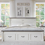 Farmhouse King Size Bed Frame with 51" Tall Headboard, Wood Platform Bed Frame with 20" Tall Roman Column Decoration Footboard & 3 Large Storage Drawers, No Box Spring Needed (White)