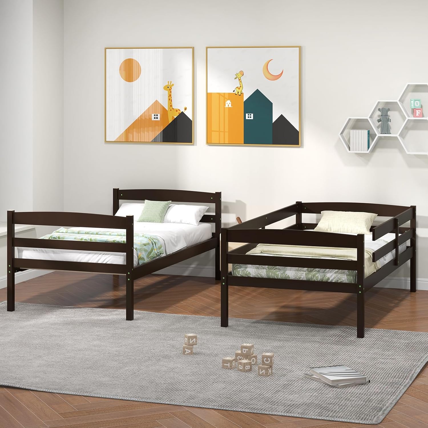 KOMFOTT Bunk Bed Twin Over Twin, Bunk Bed Frame w/Full-Length Guardrail & Integrated Ladder, Wood Bunk Bed for Small Space, Converts to 2 Individual Beds for Kids & Adults, No Box Spring Needed