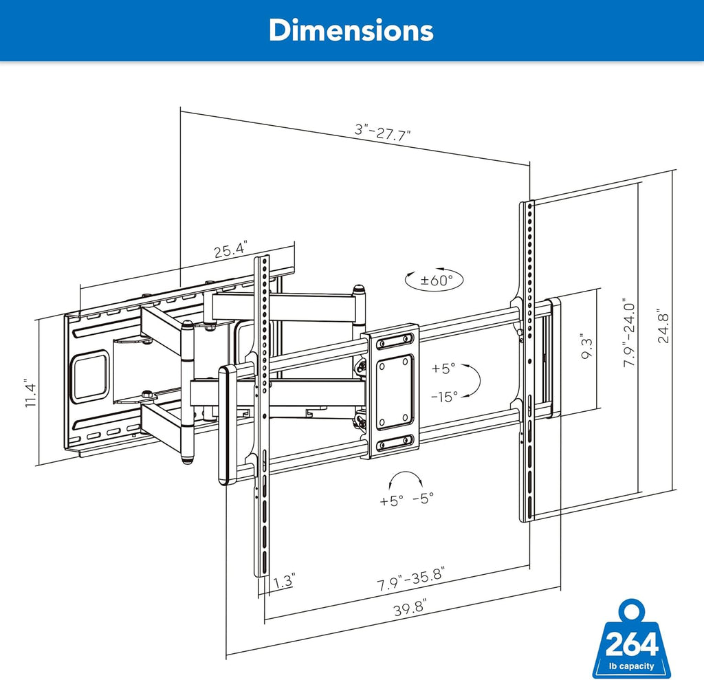 Mount-It! Heavy Duty XXL Full Motion TV Wall Mount for Extra Large TVs  max VESA 900x600  Holds up to 264lb  Swivel Tilt Extension Adjustable TV Mount for 60" 65" 75" 80" 85" 90" 98" 100" 115" 120 in