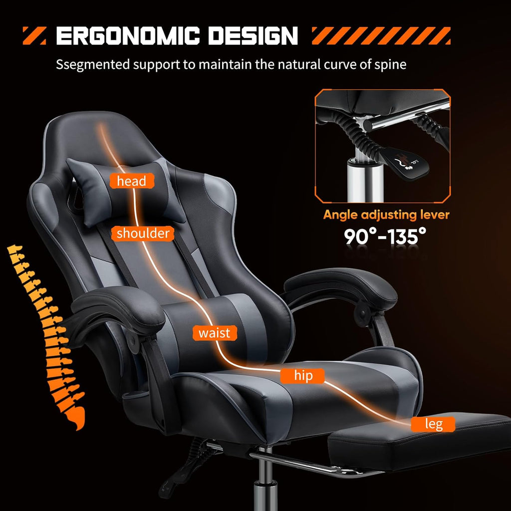 Sweetcrispy Computer Gaming Chair with Footrest, Ergonomic High Back PU Leather Video Racing Chair with Adjustable Headrest & Linkage Armrest, for Office and Home, Adults, Grey