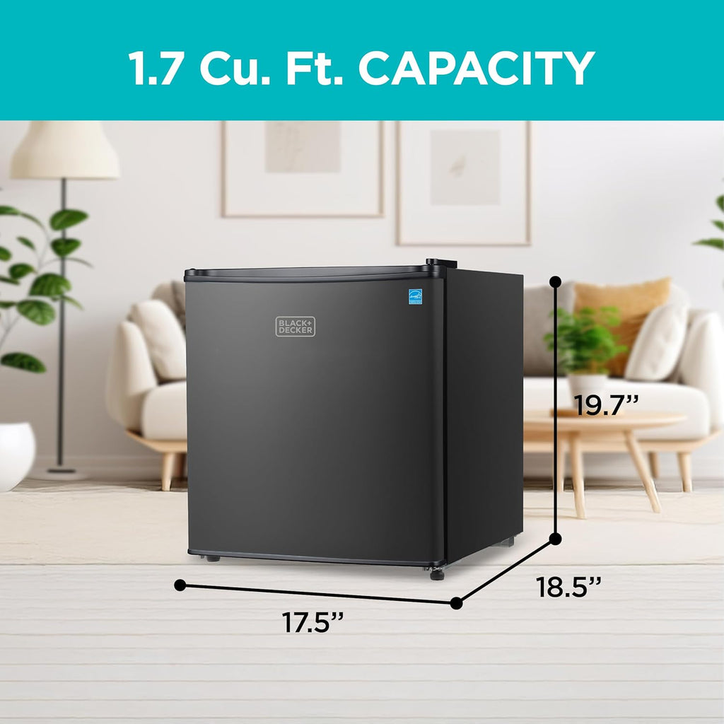 BLACK+DECKER 1.7 Cu. Ft. Compact Refrigerator, ENERGY STAR Certified, Single Door Mini Fridge with Chiller Compartment, Personal Fridge for Home or Dorm Room, R600a Refrigerant, BCRK17B, Black