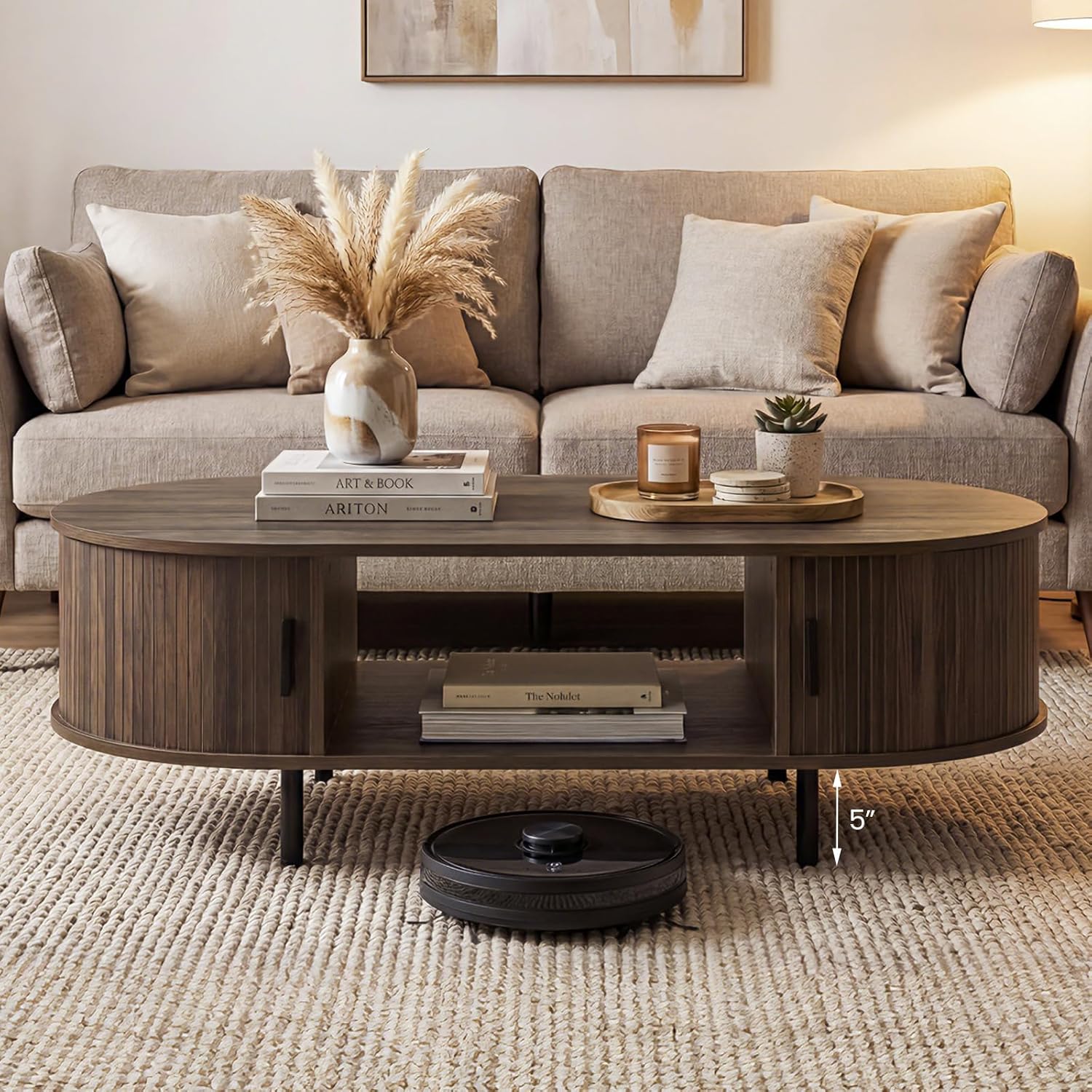 Giantex Oval Coffee Table, 47.5" Mid Century Modern Center Table with Sliding Tambour Doors, Hidden Storage & Open Compartment, Fluted Wood Living Room Tables for Small Space (Walnut)