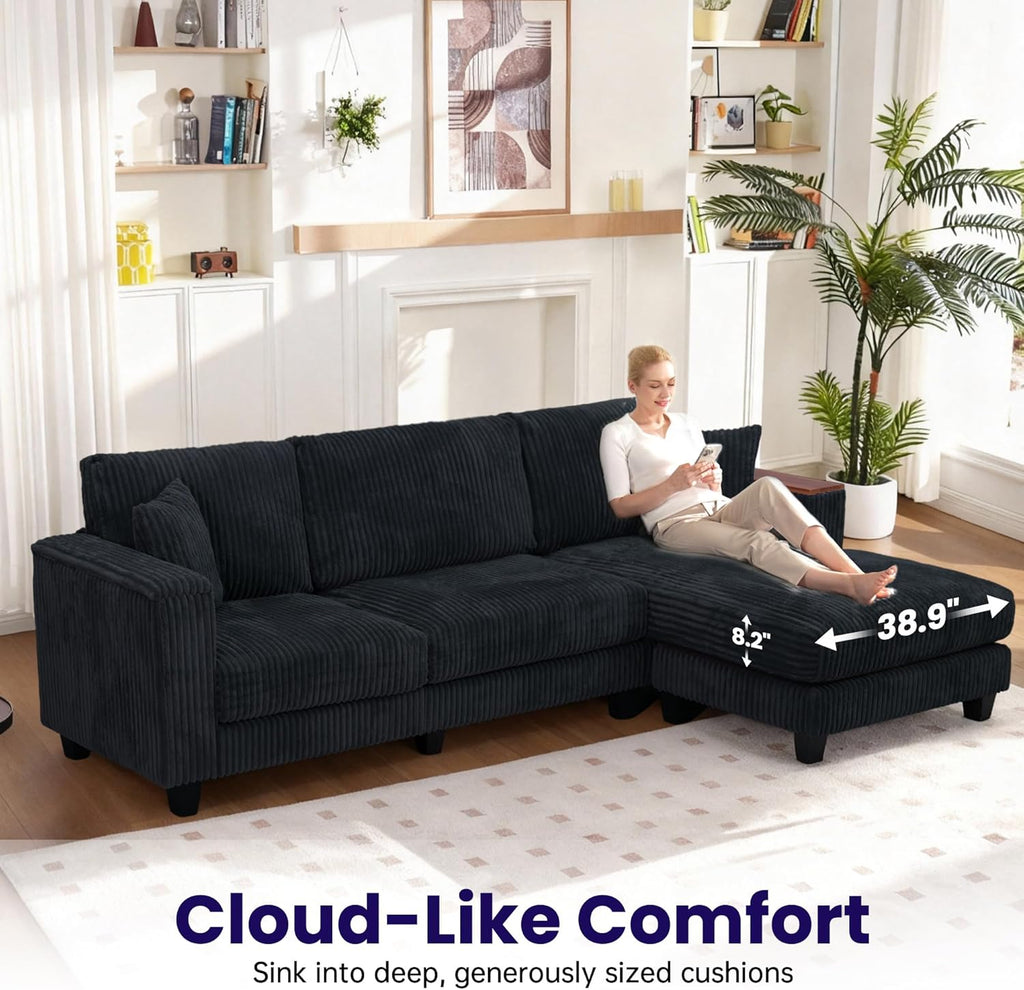 114.5" Corduroy Sectional Sofa with Armrest Storage & Reversible Chaise, Comfy L Shaped Sofa 4 Seat Sectional Couch, Modern Upholstery Couch with Removable Covers, for Living Room, Apartment, Black