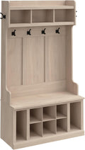 Bush Home Woodland 40W Hall Tree and Shoe Storage Bench with Shelves in White Washed Maple, Cubbies and Coat Hooks for Foyer, Mudroom or Entryway