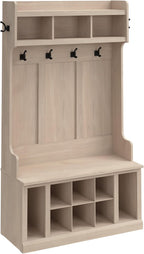 Bush Home Woodland 40W Hall Tree and Shoe Storage Bench with Shelves in White Washed Maple, Cubbies and Coat Hooks for Foyer, Mudroom or Entryway